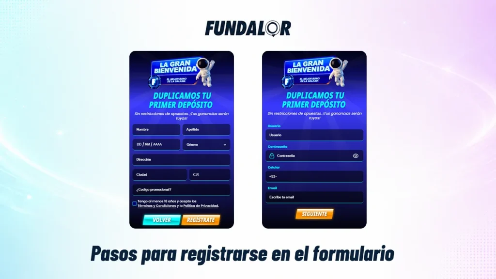Pasos para registrarse en Fundalor Casino mediante el formulario de creación de cuenta